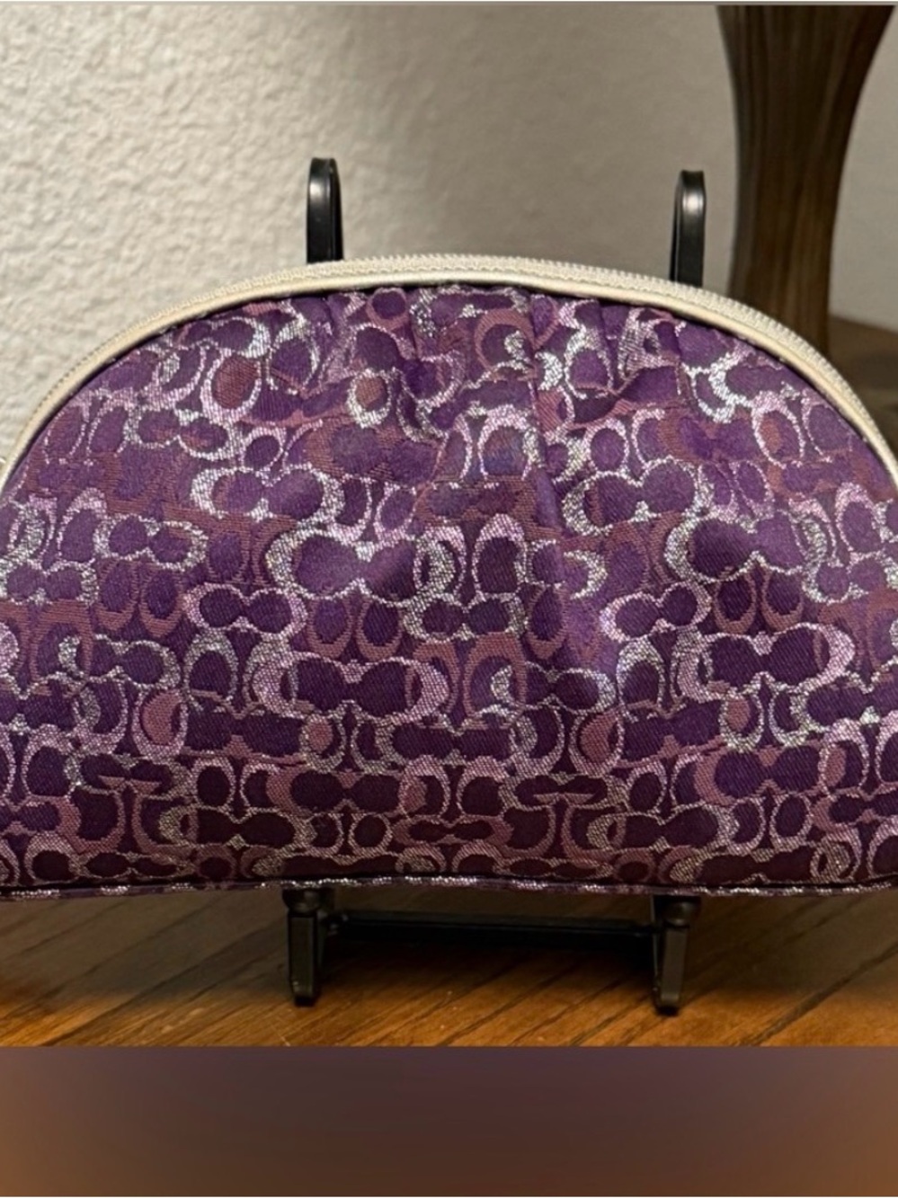 coach Purple Jacquard Cosmetic Case with Metallic Accents Coach charm added